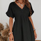 Black Folded Short Sleeve Lace V Neck Mini Dress