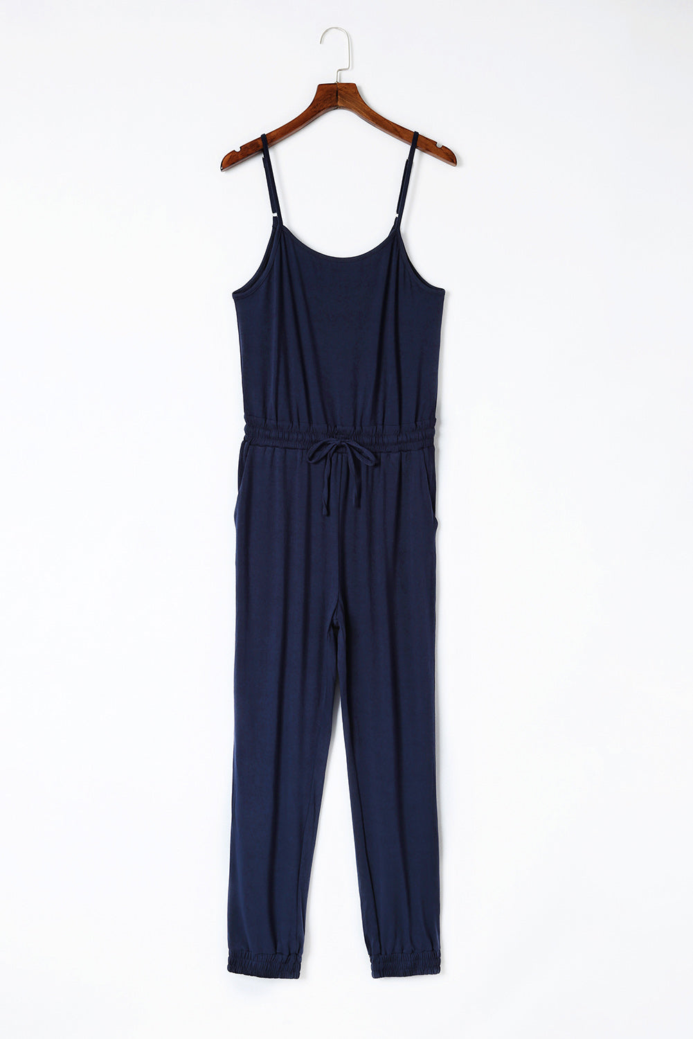 Dark Blue Pockets Drawstring Waist Spaghetti Strap Jumpsuit