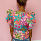 Multicolor Floral Print Boho Top Tiered Ruffle Sleeve Blouse