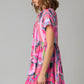 Pink Abstract Print Split V Neck Short Sleeve Tiered Dress