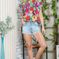 Multicolor Abstract Floral Print Frilled Neck Pleated Blouse