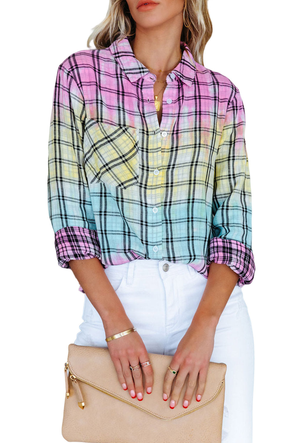 Multicolor Plaid Print Tie Dye Button Up Shirt