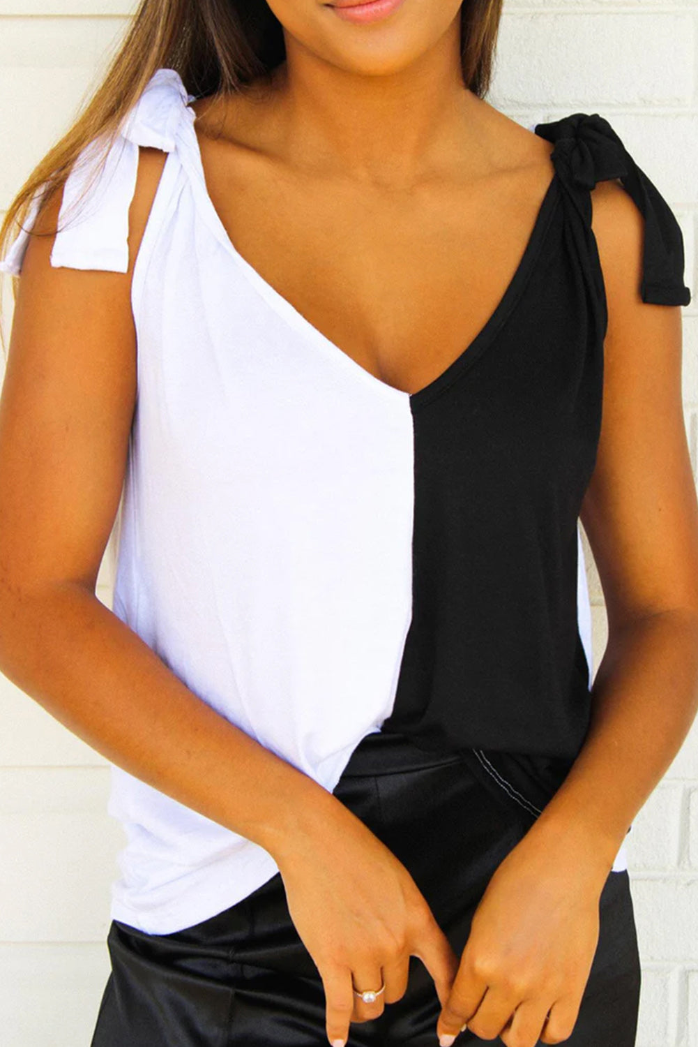 Black & White Patchwork Knotted V-Neck Tank Top