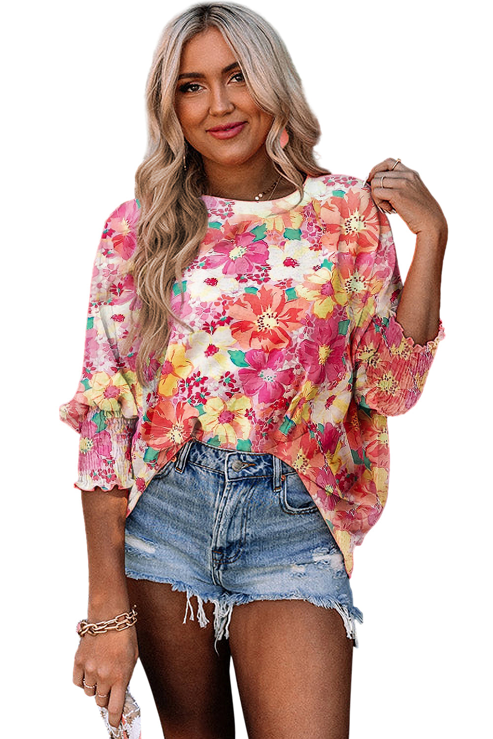Pink Shirred Cuffs 3/4 Sleeve Boho Floral Blouse