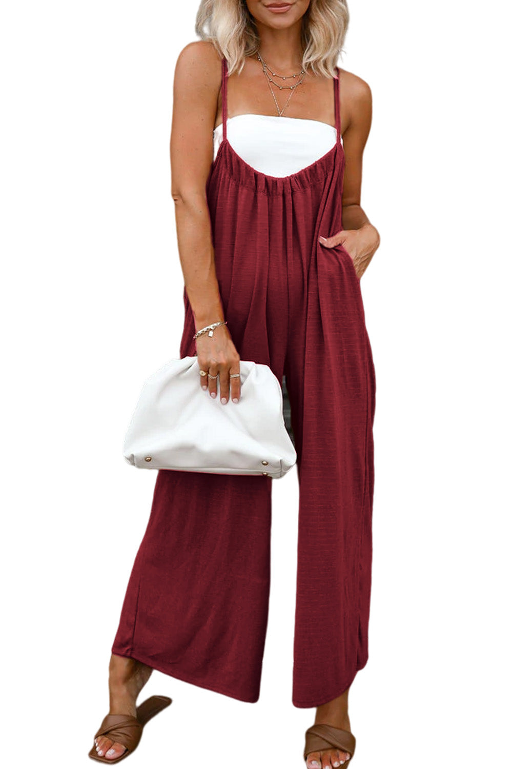 Red Casual Spaghetti Strap Backless Wide Leg Jumpsuit