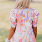 Pink Abstract Print Smocked Bubble Sleeve Blouse