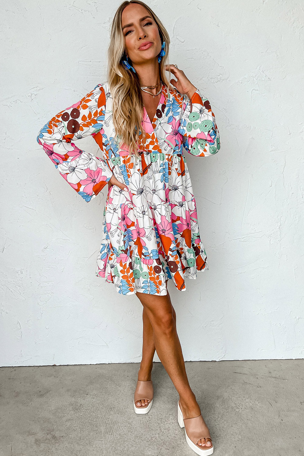 White Floral V Neck Tiered Ruffle Short Dress