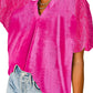 Bright Pink V-Neck Short Puff Sleeve Blouse