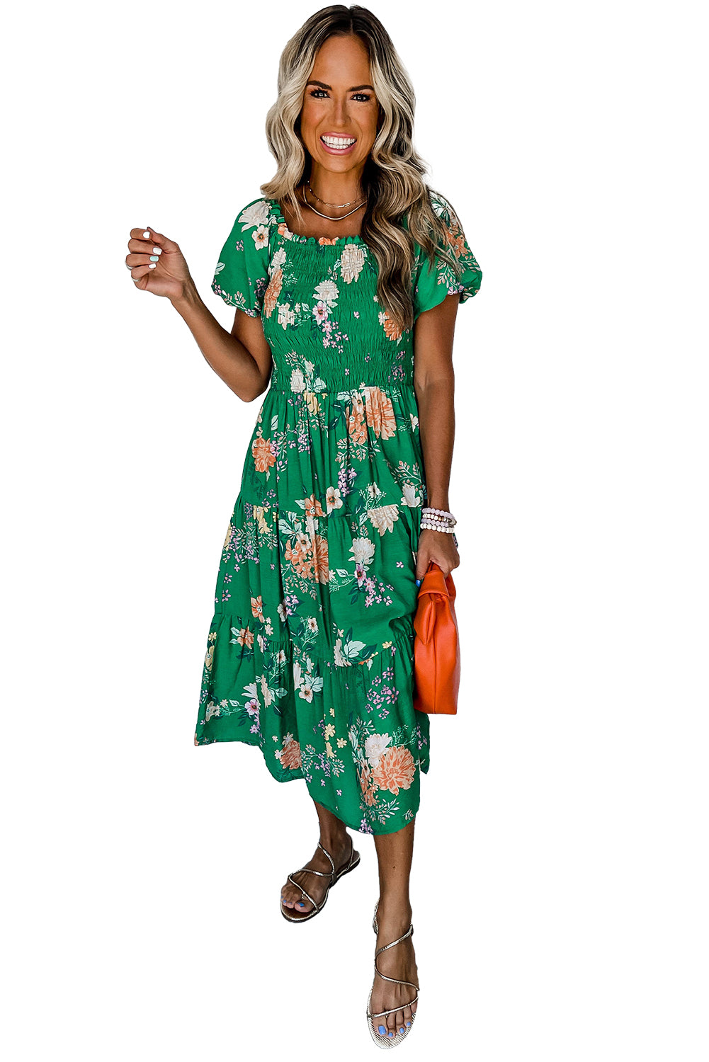 Green Floral Print Bubble Sleeve Smocked Tiered Midi Dress