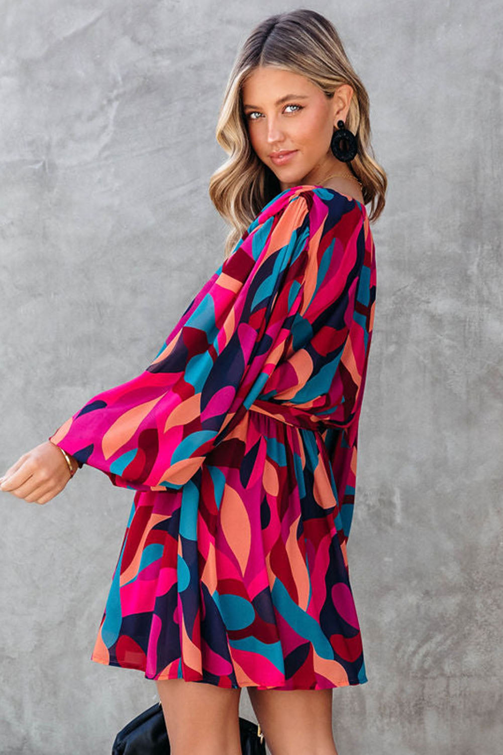 Red Abstract Printed Belted Puff Sleeve Short Dress