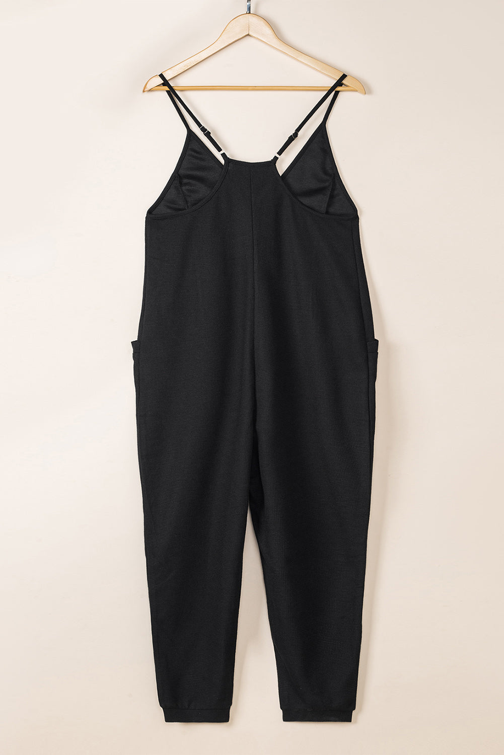 Black Textured Sleeveless V-Neck Pocketed Casual Jumpsuit