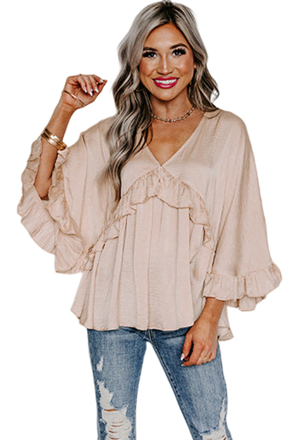 Apricot V Neck Draped Batwing Sleeve Ruffle Top