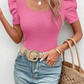 Black Scoop Neck Waffle Knit Puff Sleeve Top