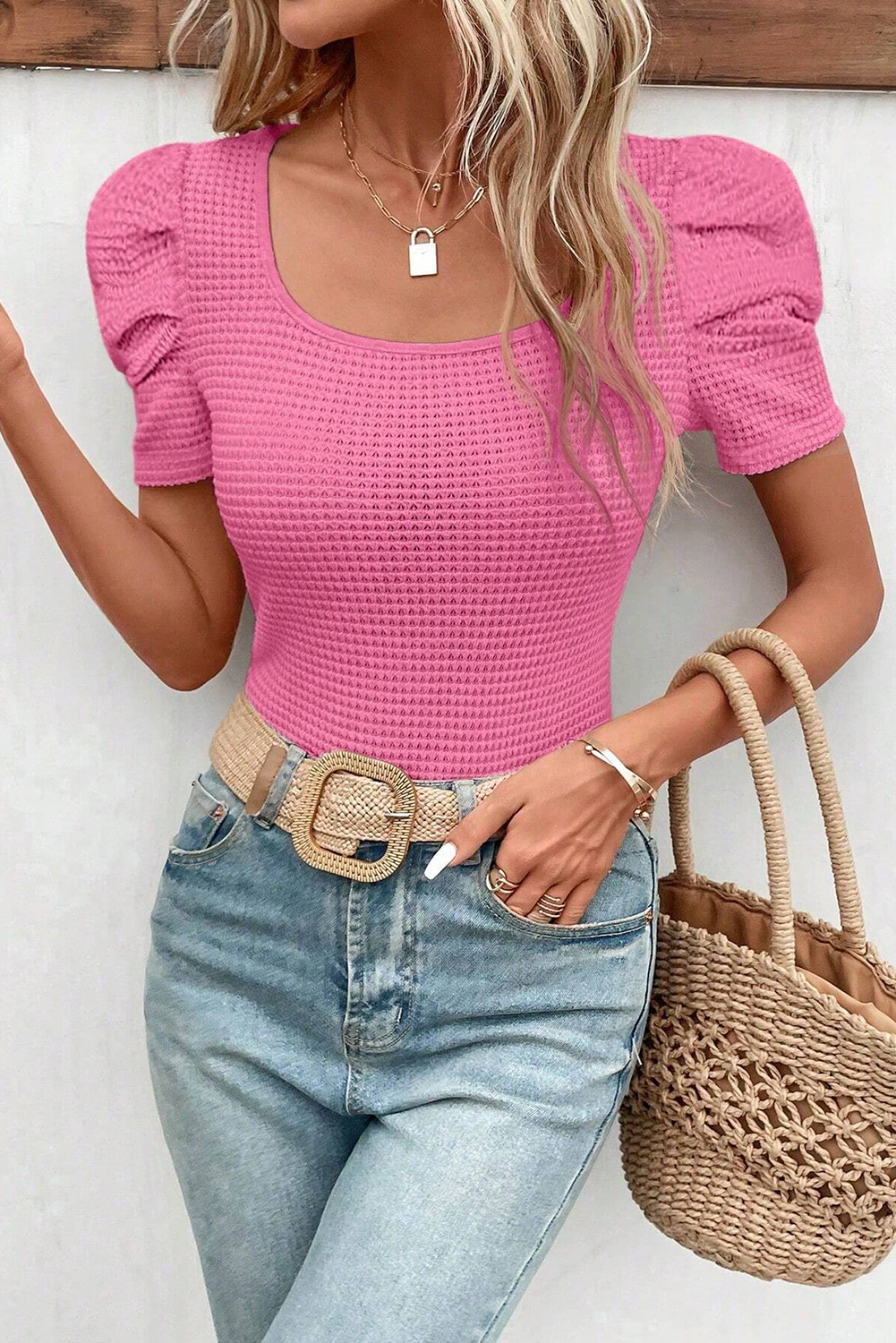 Black Scoop Neck Waffle Knit Puff Sleeve Top