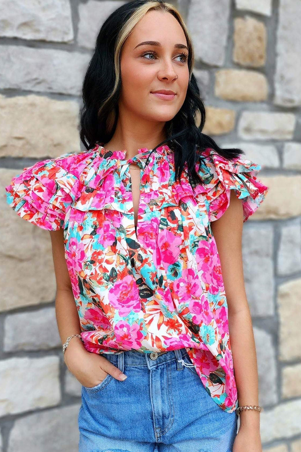 Rose Ruffle Flutter Sleeve Floral Print Blouse