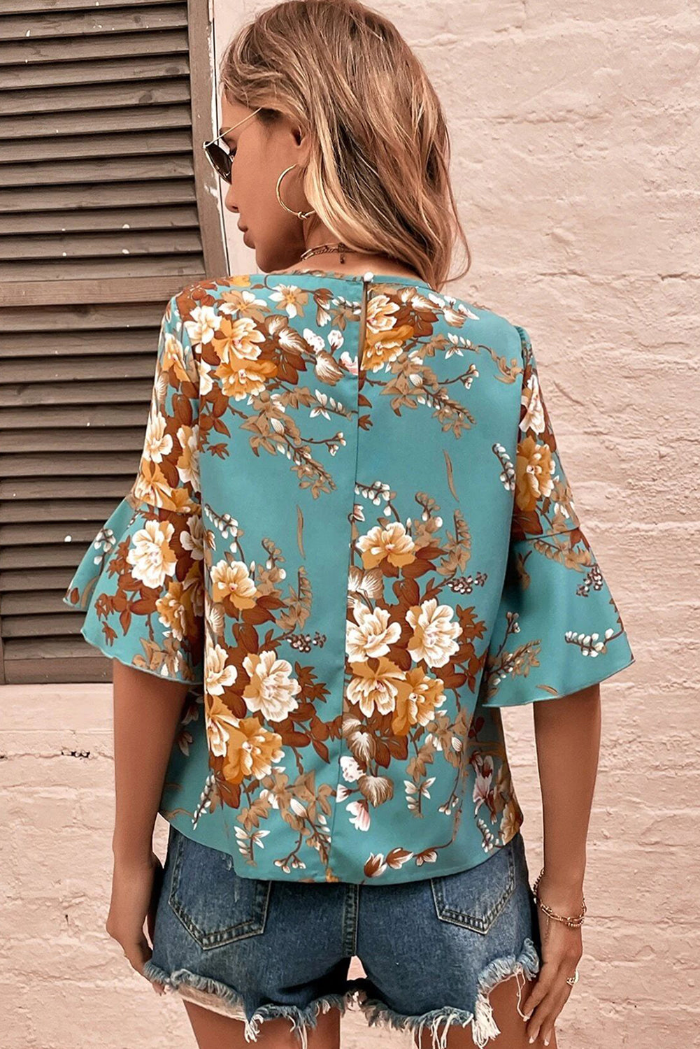 Mineral Blue Floral Print Round Neck Flounce Sleeve Blouse
