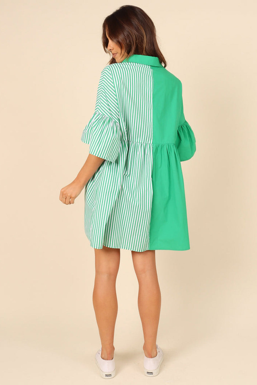 Green Striped Splicing Ruffle Sleeve Mini Shirt Dress