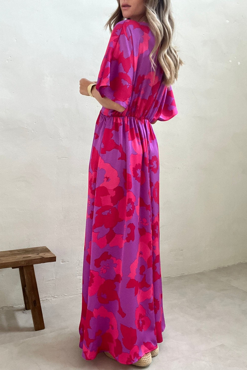 Rose Abstract Floral Print V Neck Split Maxi Dress