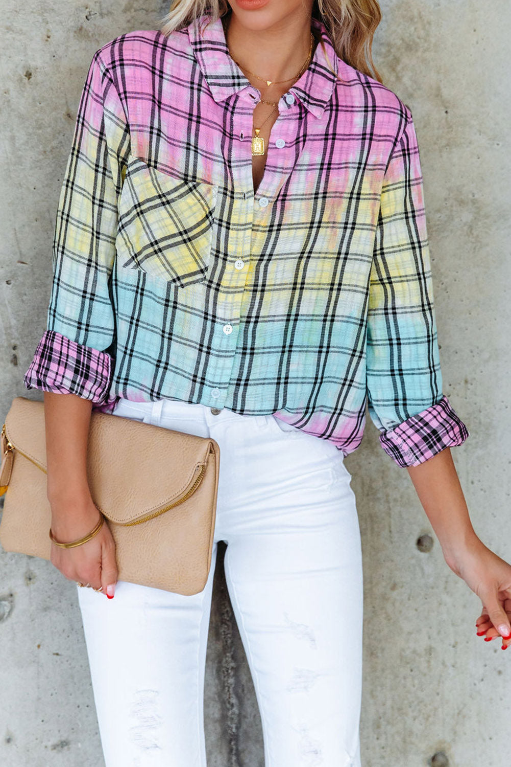 Multicolor Plaid Print Tie Dye Button Up Shirt