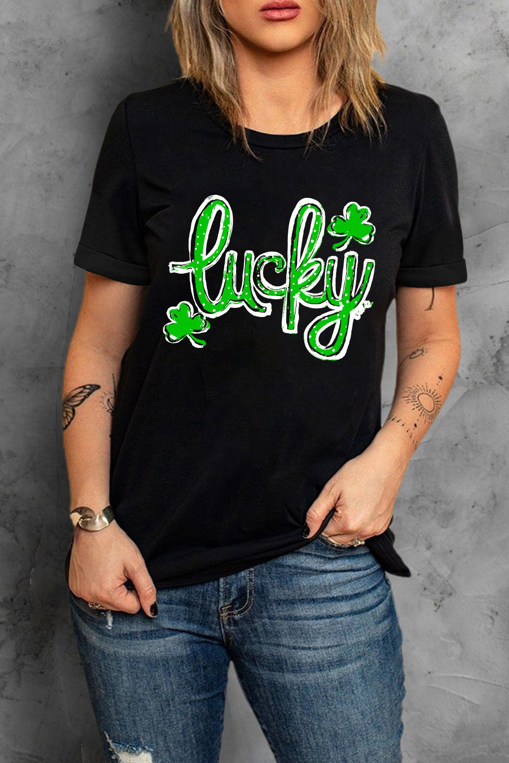 Black St. Patricks Lucky Clover Graphic O Neck T Shirt