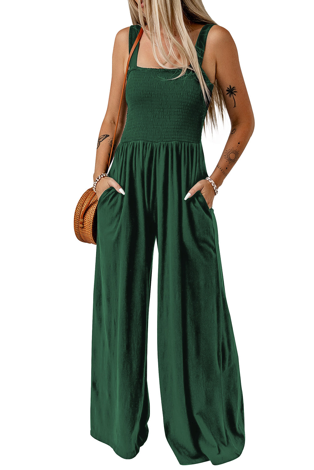 Green Casual Smocked Pocketed Wide Leg Jumpsuit