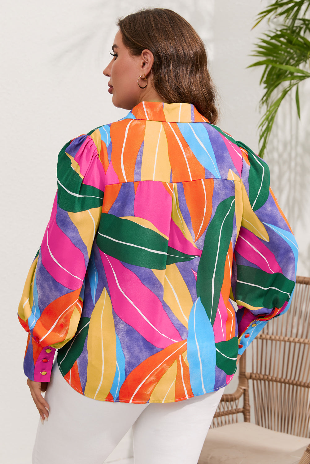Multicolor Abstract Print Puff Sleeve Plus Size Shirt
