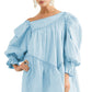 Sky Blue Puff Sleeve Asymmetric Pleated Flowy Mini Dress