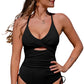 Black Ribbed Sexy Cutout One Piece Swimsuit