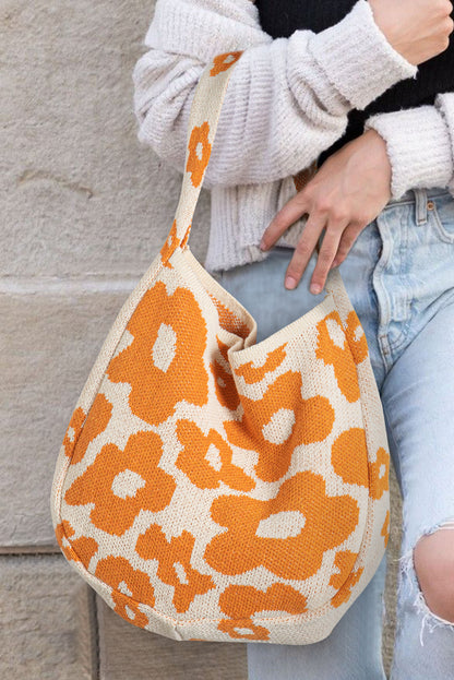Mustard Flower Print Knitted Large Single Shoulder Bag