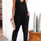 Black Textured Sleeveless V-Neck Pocketed Casual Jumpsuit