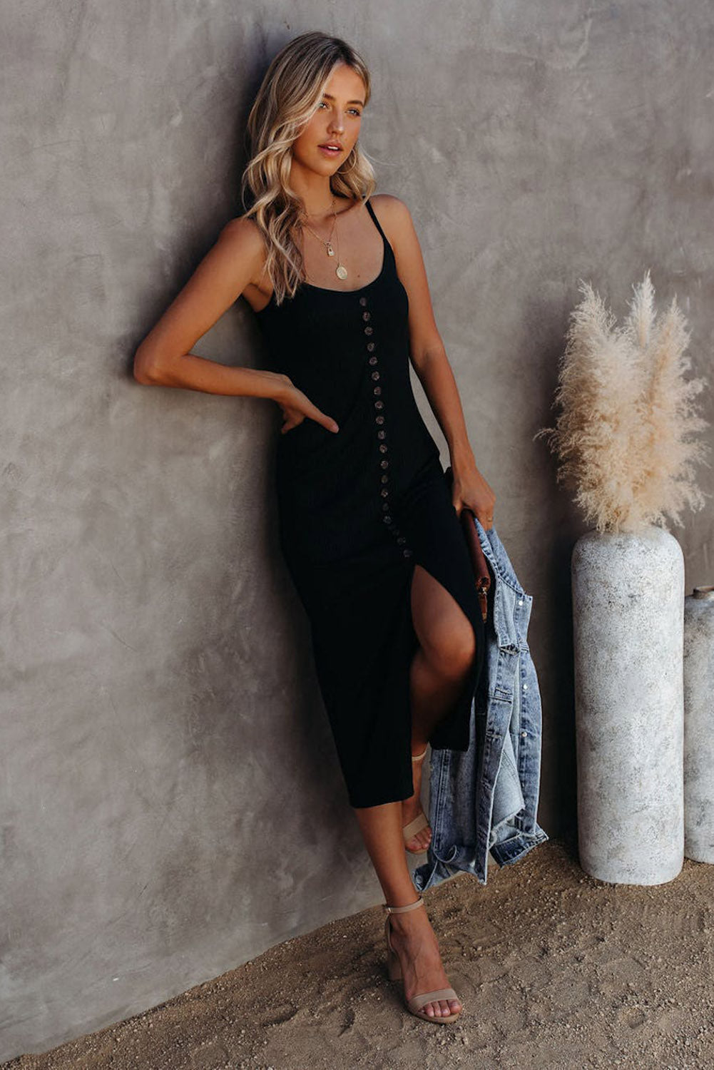 Black Buttoned Ribbed Knit Sleeveless Midi Dress with Slit