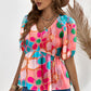 Pink Floral Print Puff Sleeve Blouse V Neck Smocked Peplum Top