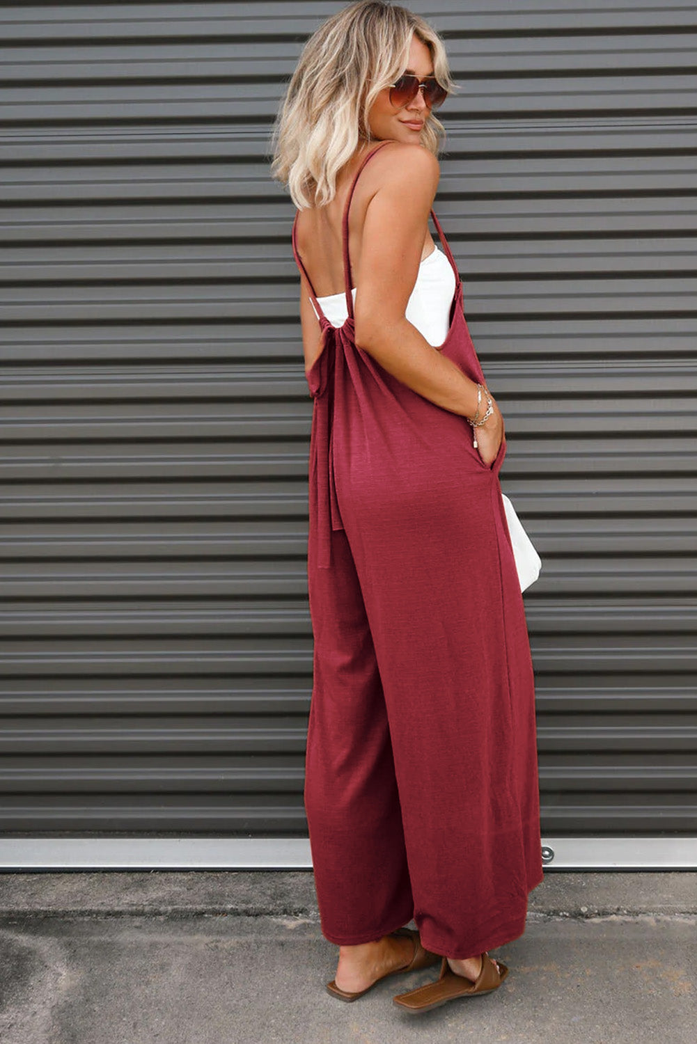 Red Casual Spaghetti Strap Backless Wide Leg Jumpsuit