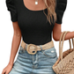 Black Scoop Neck Waffle Knit Puff Sleeve Top