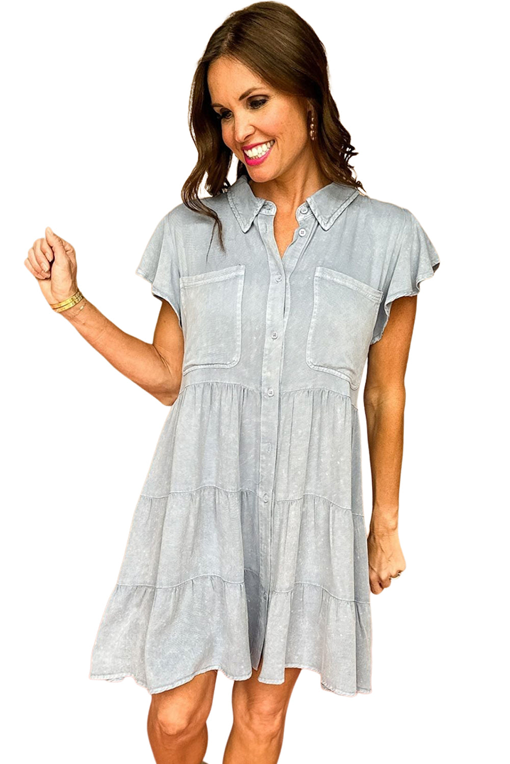 Light Grey Mineral Washed Ruffle Sleeve Tiered Chambray Dress