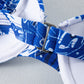 Blue 3pcs Flower Print Ruffled Bikini Set with Cover Up Skirt
