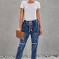 Dark Blue Casual Gather Round Distressed Pocketed Jeans