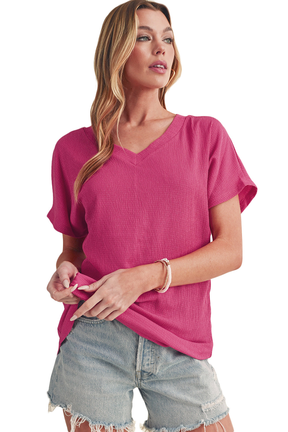 Apricot Plain Crinkled V Neck Short Sleeve Blouse