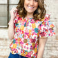 Multicolor Floral Print Layered Ruffle Sleeve Round Neck Blouse