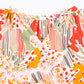Orange Boho Floral Print Shirred Cuffs Blouse