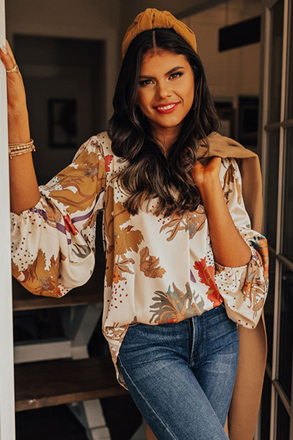 White Boho Floral V Neck Bishop Sleeve Blouse