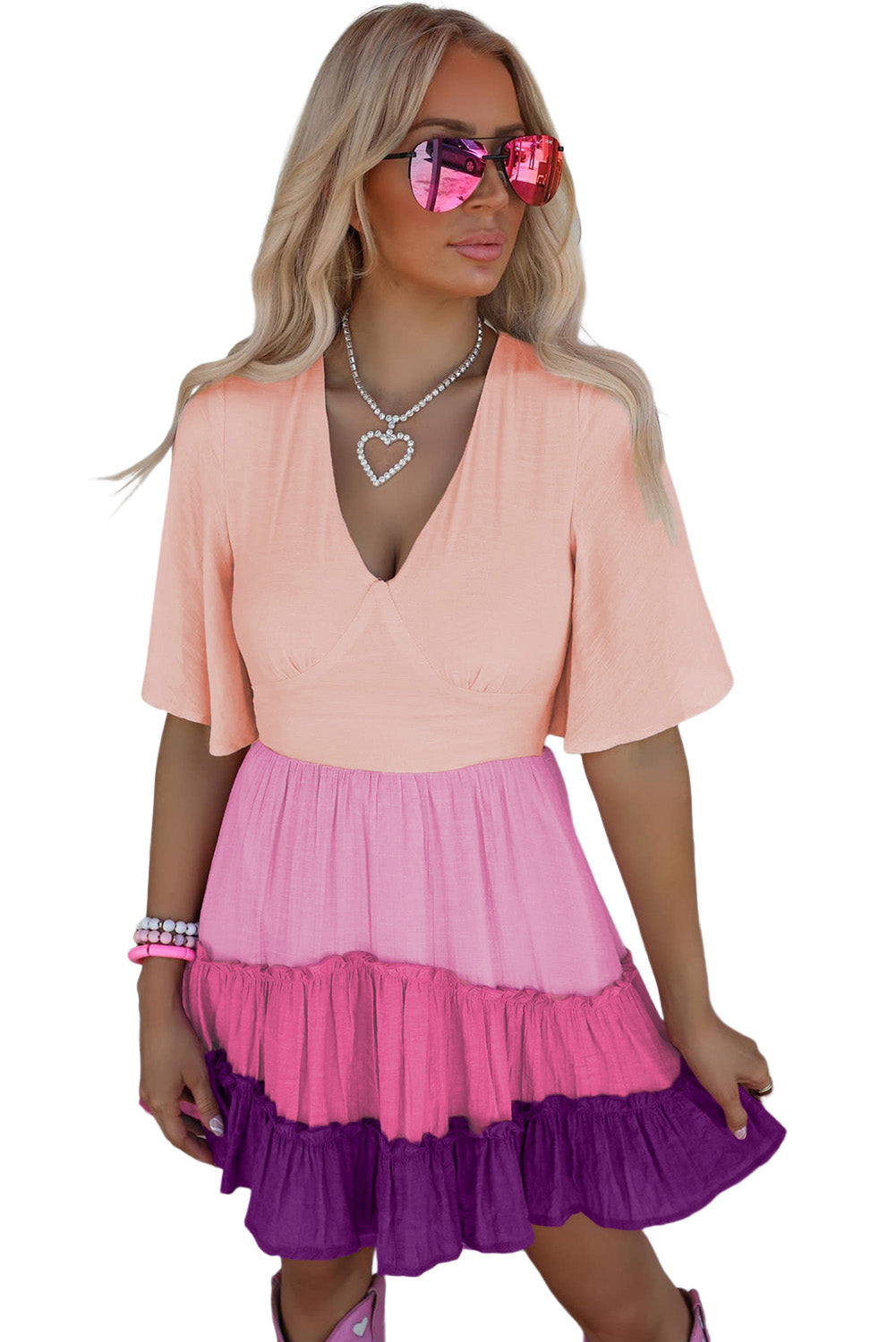 Pink Ombre Colorblock V Neck Tiered Short Dress
