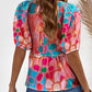 Pink Floral Print Puff Sleeve Blouse V Neck Smocked Peplum Top