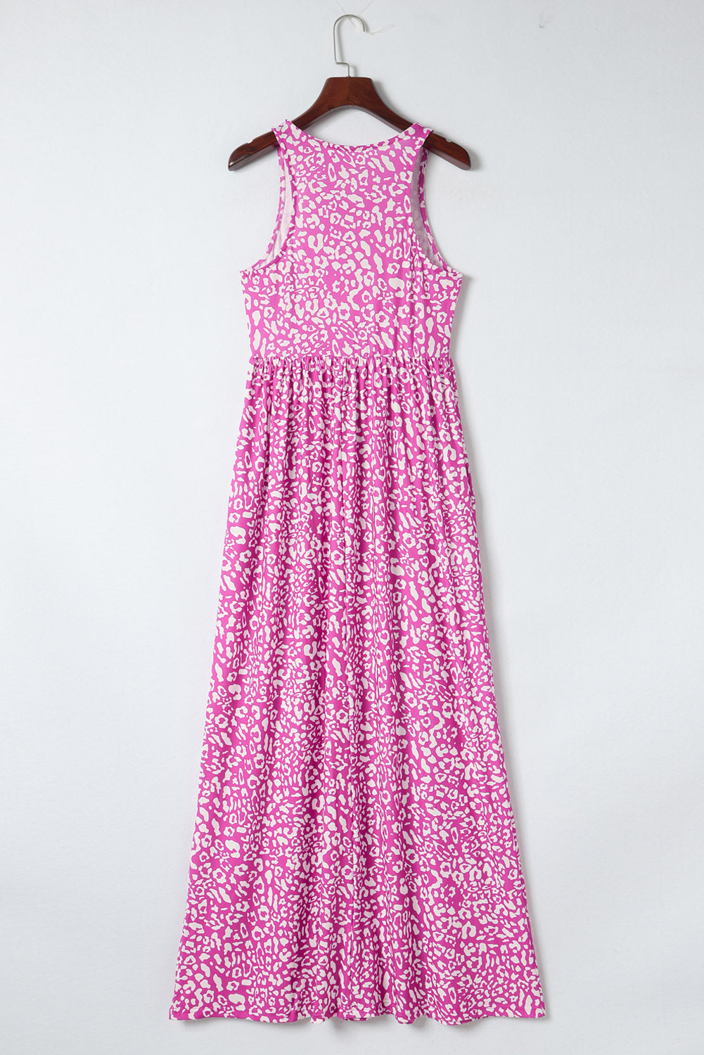 Pink Sleeveless Floor Length Leopard Print Dress with Pockets