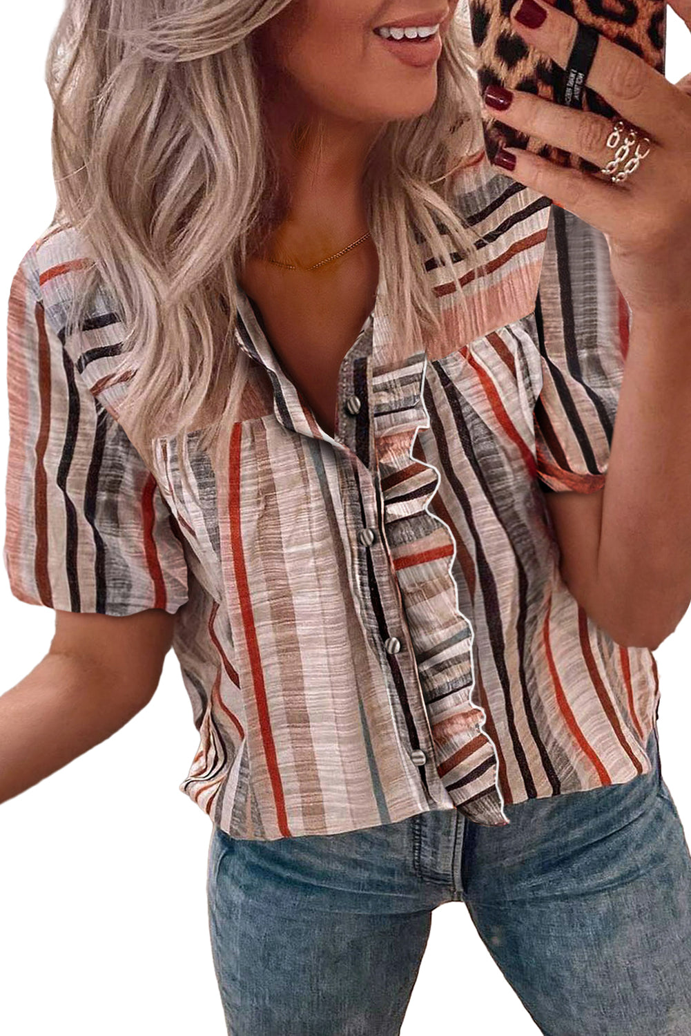 Khaki Striped Ruffle Trim Short Sleeve Shirt