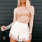 White Fringe Trim Fit Flare Shorts