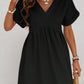 Black Folded Short Sleeve Lace V Neck Mini Dress