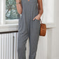 Black Textured Sleeveless V-Neck Pocketed Casual Jumpsuit