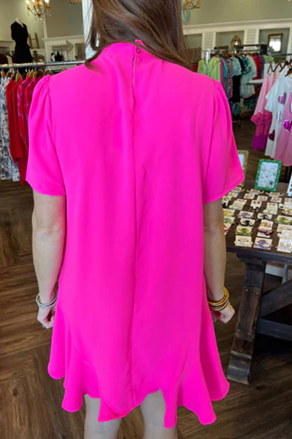 Bright Pink Tie Neck Ruffle Hem Mini Dress