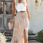 Apricot Boho Flower Print Smocked Waist Button Slit Maxi Skirt